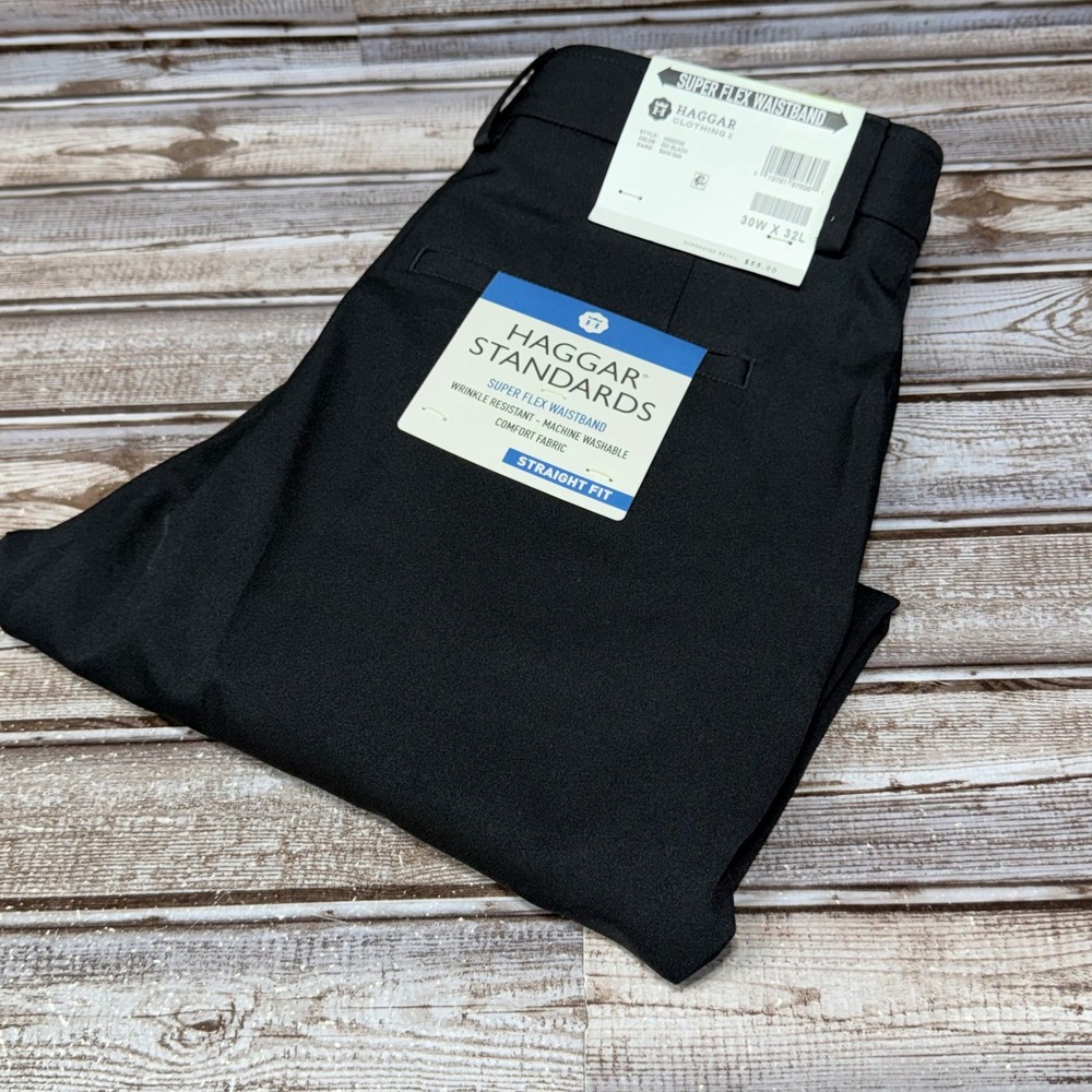 Haggar Dress Pants Mens 30x32 Black Straight Fit Super Flex Waistband